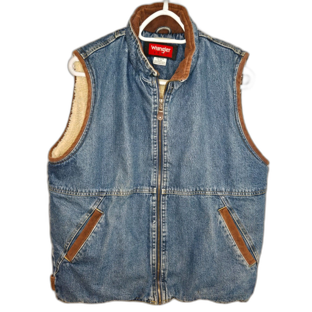 Vintage Wrangler Hero Sherpa Lined Denim Vest | Men's Medium | Indigo Blue Brown